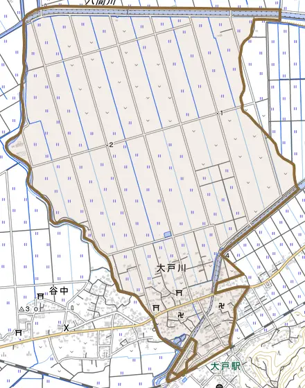 大戸川とその周辺の地図。町の範囲を重ねている