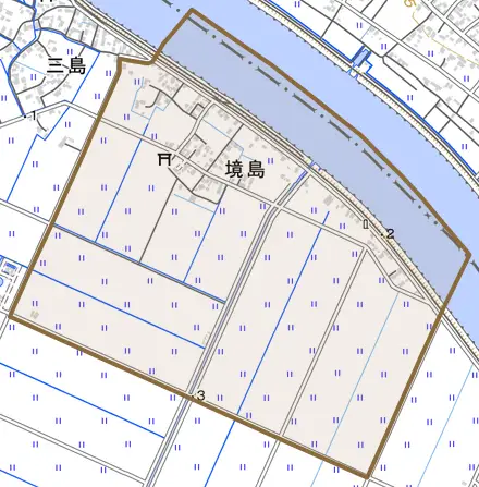 境島とその周辺の地図。町の範囲を重ねている