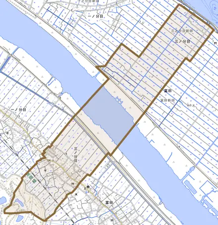 三ノ分目とその周辺の地図。町の範囲を重ねている