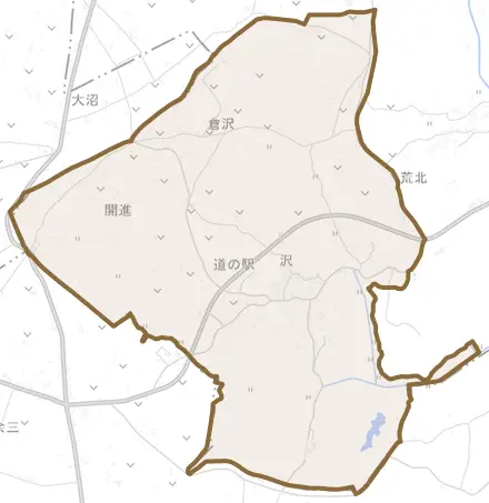 沢とその周辺の地図。町の範囲を重ねている