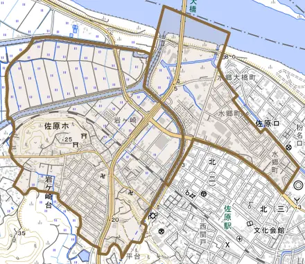 佐原ホとその周辺の地図。町の範囲を重ねている