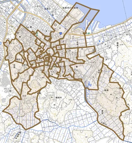 佐原イとその周辺の地図。町の範囲を重ねている