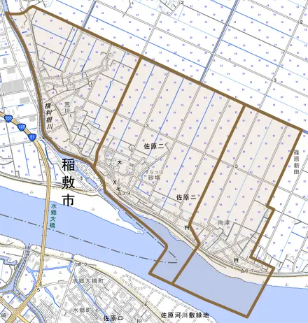 佐原ニとその周辺の地図。町の範囲を重ねている