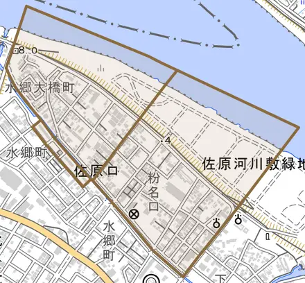 佐原ロとその周辺の地図。町の範囲を重ねている