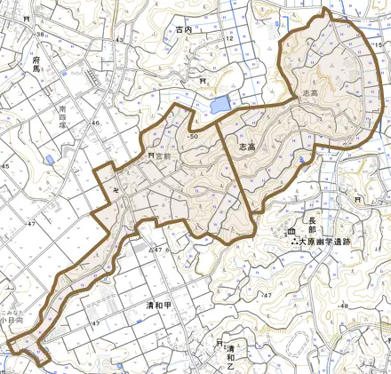 志高とその周辺の地図。町の範囲を重ねている