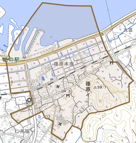 篠原イとその周辺の地図。町の範囲を重ねている