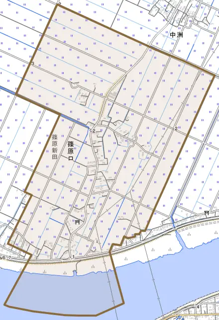 篠原ロとその周辺の地図。町の範囲を重ねている