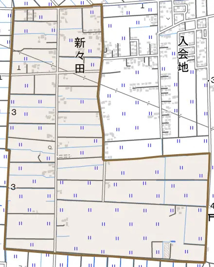 新々田とその周辺の地図。町の範囲を重ねている