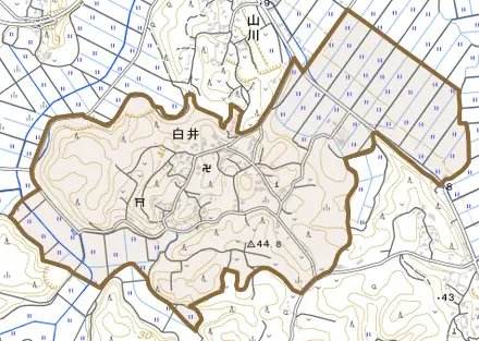 白井とその周辺の地図。町の範囲を重ねている
