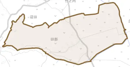 田部とその周辺の地図。町の範囲を重ねている