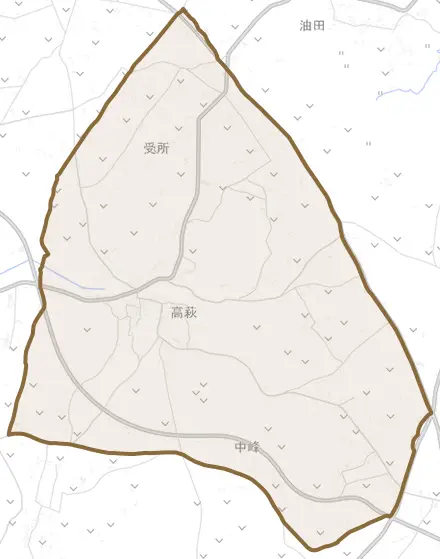 高萩とその周辺の地図。町の範囲を重ねている