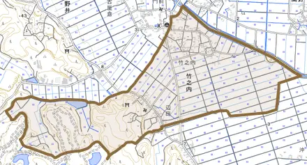 竹之内とその周辺の地図。町の範囲を重ねている