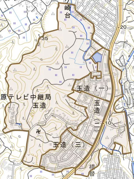 玉造とその周辺の地図。町の範囲を重ねている