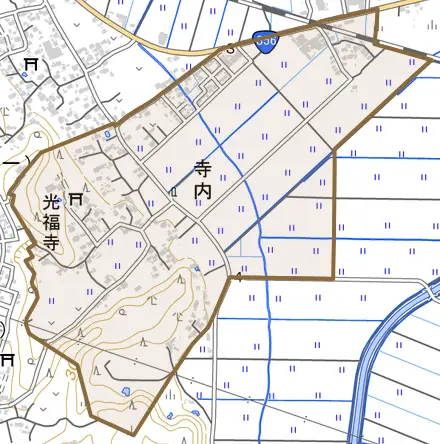 寺内とその周辺の地図。町の範囲を重ねている