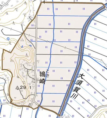 鴇崎とその周辺の地図。町の範囲を重ねている
