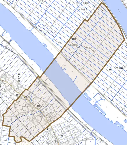 富田とその周辺の地図。町の範囲を重ねている