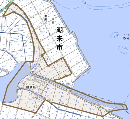附洲新田とその周辺の地図。町の範囲を重ねている