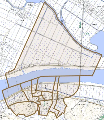津宮とその周辺の地図。町の範囲を重ねている