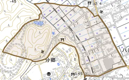分郷とその周辺の地図。町の範囲を重ねている