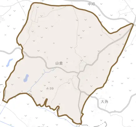 山倉とその周辺の地図。町の範囲を重ねている