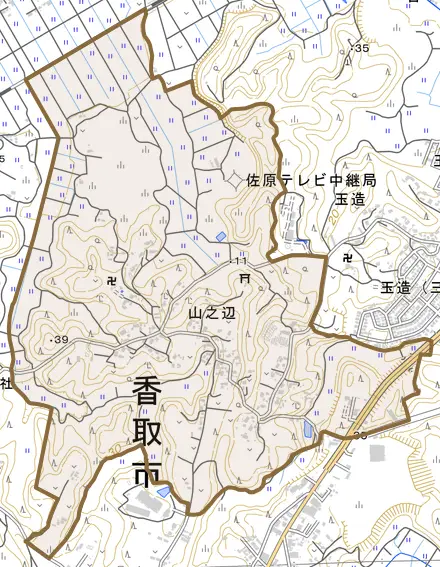山之辺とその周辺の地図。町の範囲を重ねている