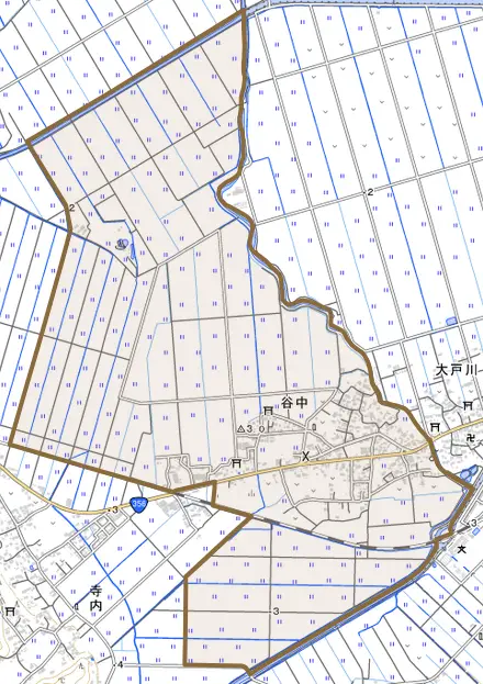 谷中とその周辺の地図。町の範囲を重ねている
