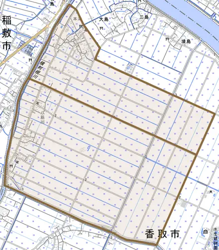 八筋川とその周辺の地図。町の範囲を重ねている