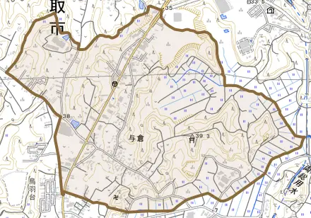 与倉とその周辺の地図。町の範囲を重ねている