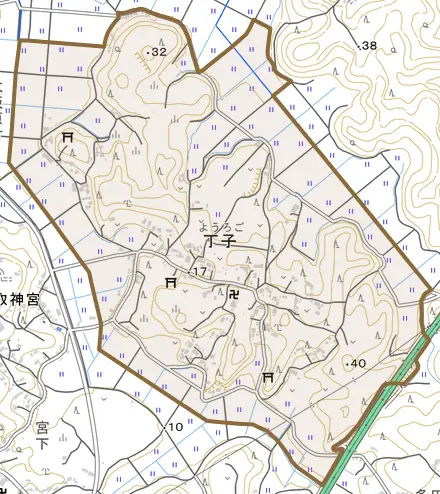 丁子とその周辺の地図。町の範囲を重ねている