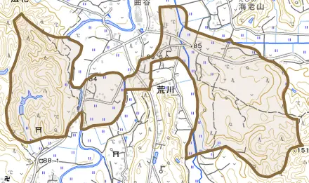 荒川とその周辺の地図。町の範囲を重ねている