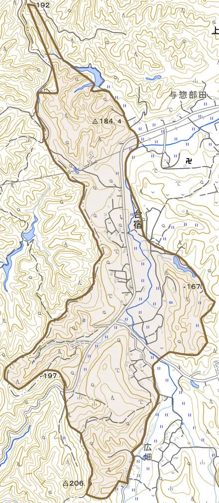 台宿とその周辺の地図。町の範囲を重ねている