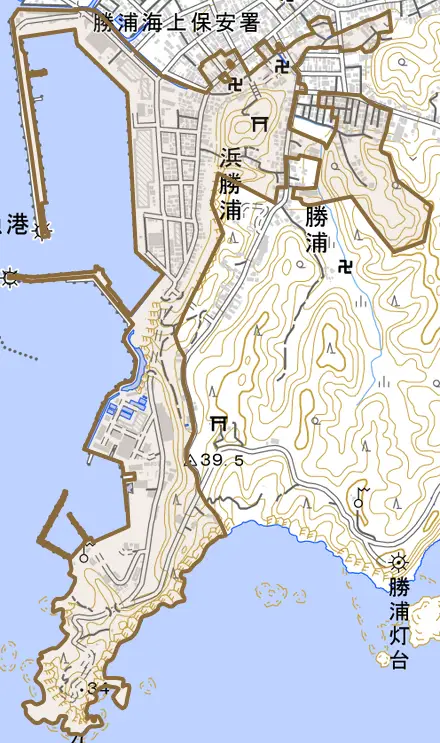 浜勝浦とその周辺の地図。町の範囲を重ねている