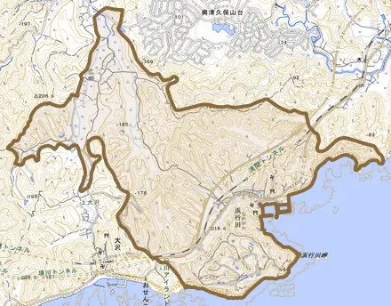 浜行川とその周辺の地図。町の範囲を重ねている