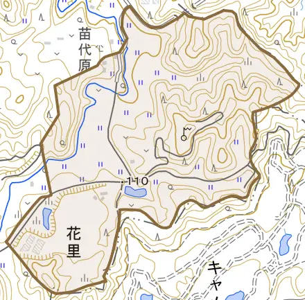 花里とその周辺の地図。町の範囲を重ねている
