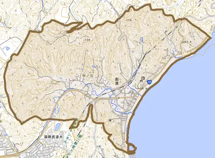 部原とその周辺の地図。町の範囲を重ねている