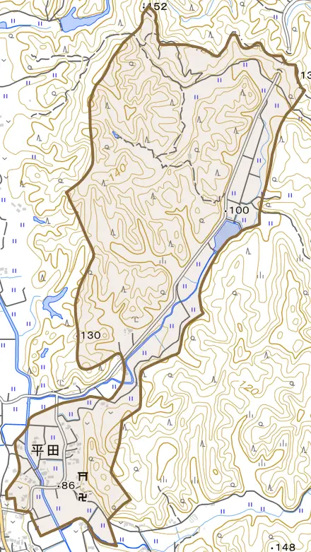平田とその周辺の地図。町の範囲を重ねている