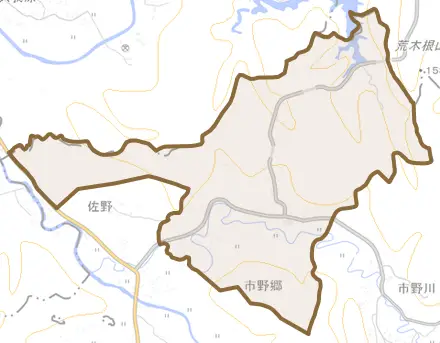市野郷とその周辺の地図。町の範囲を重ねている