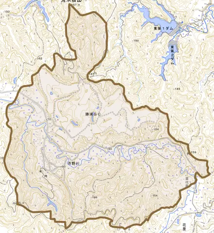 市野川とその周辺の地図。町の範囲を重ねている