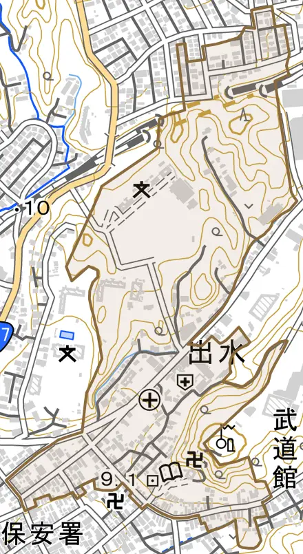 出水とその周辺の地図。町の範囲を重ねている