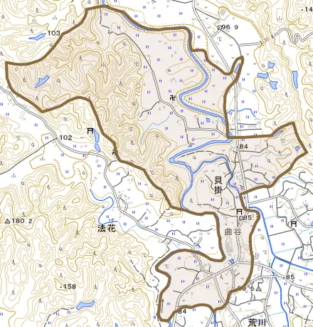 貝掛とその周辺の地図。町の範囲を重ねている
