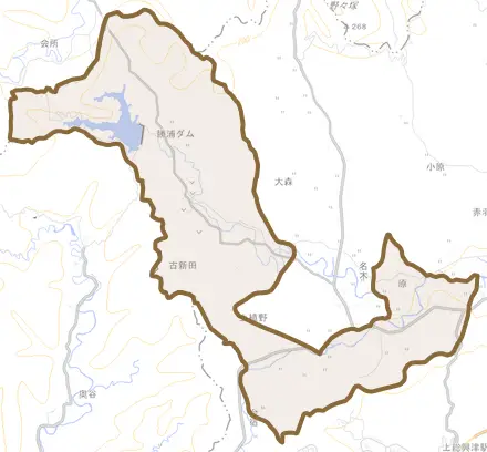 上植野とその周辺の地図。町の範囲を重ねている