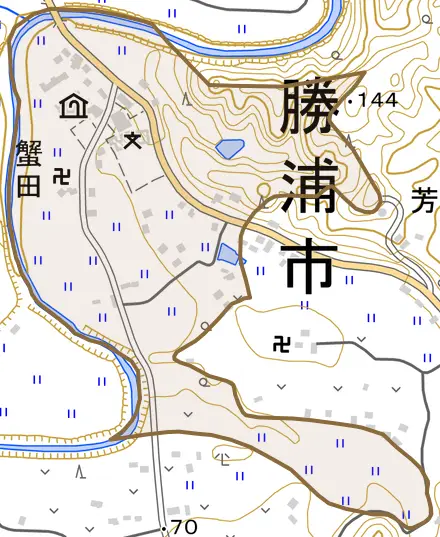 蟹田とその周辺の地図。町の範囲を重ねている