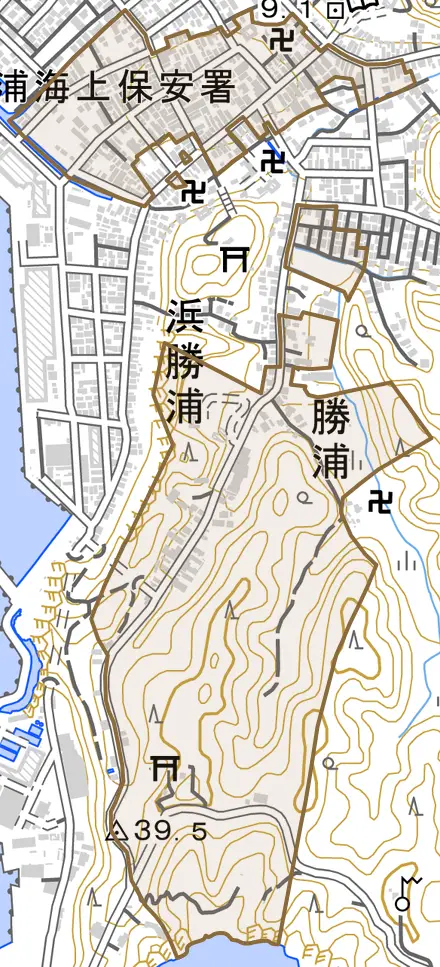 勝浦とその周辺の地図。町の範囲を重ねている