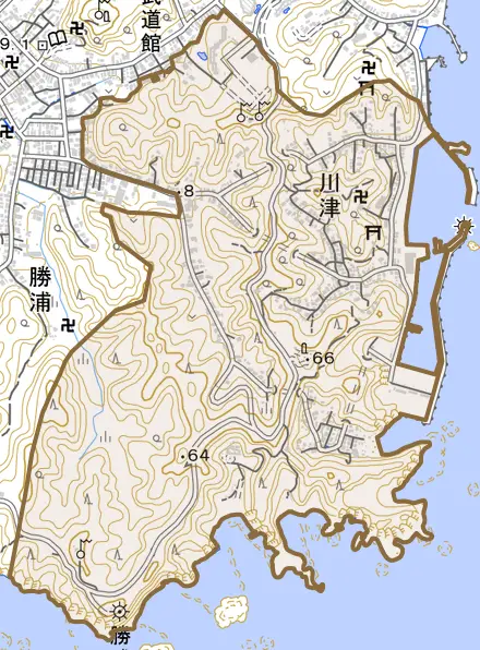 川津とその周辺の地図。町の範囲を重ねている