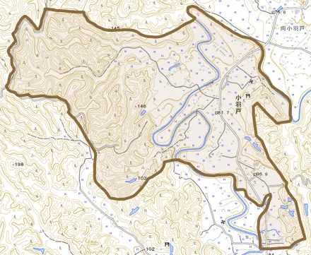 小羽戸とその周辺の地図。町の範囲を重ねている
