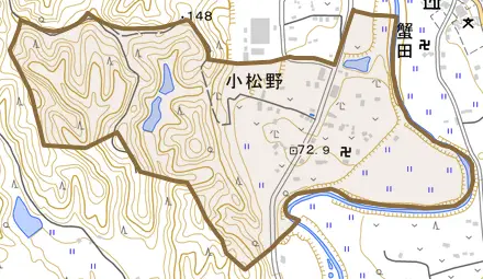 小松野とその周辺の地図。町の範囲を重ねている