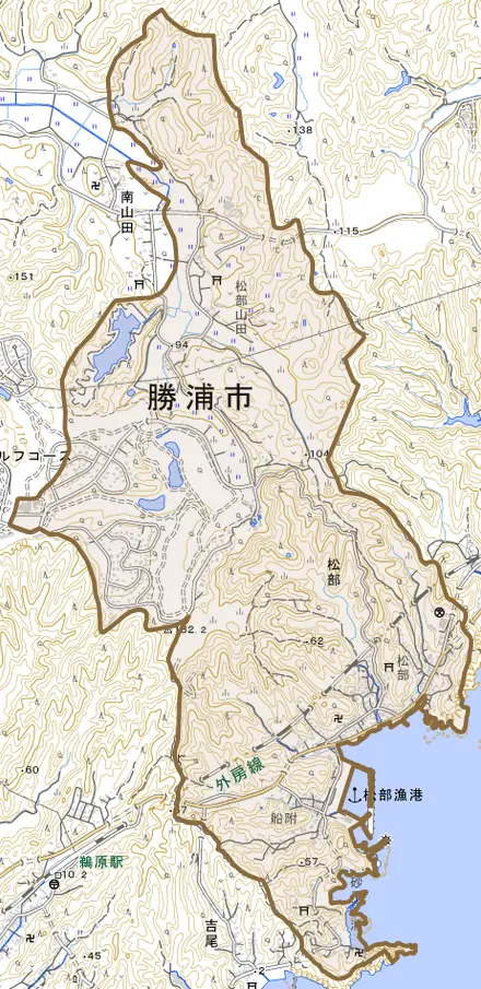 松部とその周辺の地図。町の範囲を重ねている