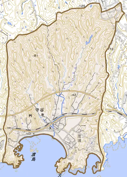 守谷とその周辺の地図。町の範囲を重ねている