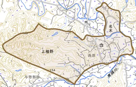 名木とその周辺の地図。町の範囲を重ねている