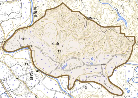 中倉とその周辺の地図。町の範囲を重ねている